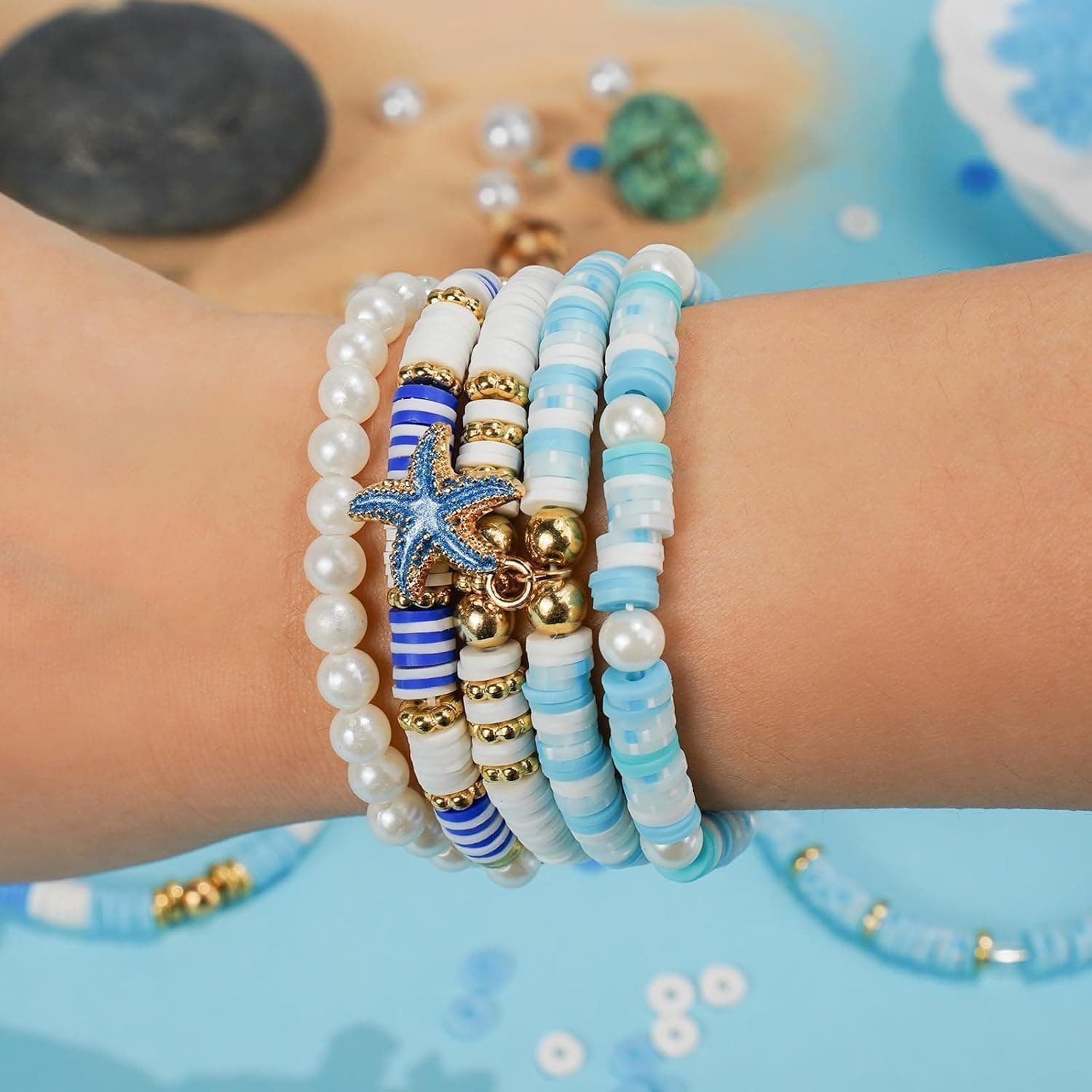 Clay Beads for Bracelets, Blue Winter Clay Beads Bracelet Making kit with Golden Pearl Beads