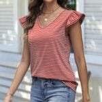 JUSTFASHIONNOW Womens Summer Ruffle Flutter Sleeve V Neck Top