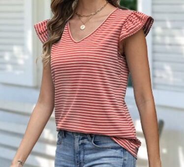 JUSTFASHIONNOW Womens Summer Ruffle Flutter Sleeve V Neck Top