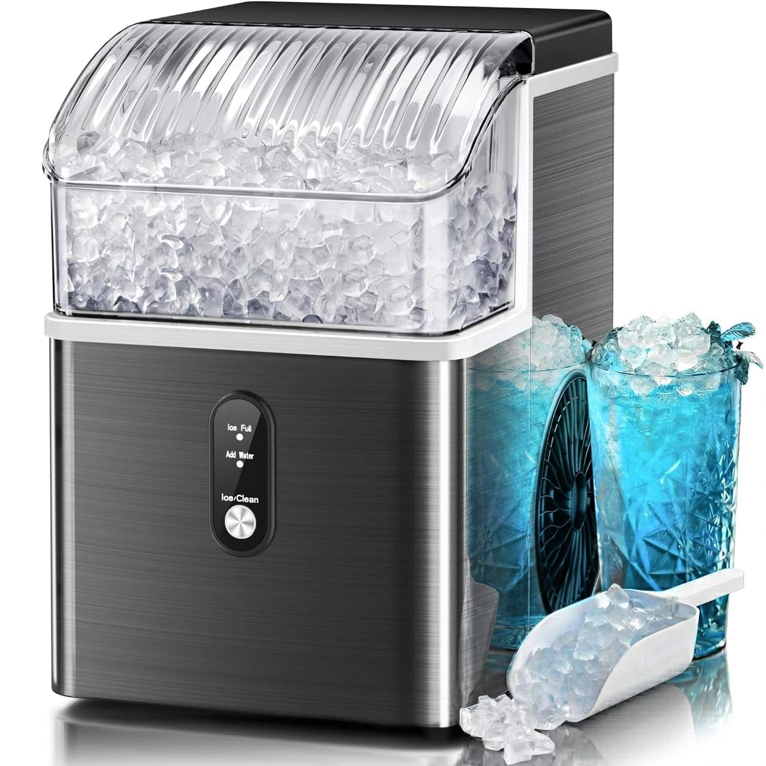 Kismile Nugget Ice Makers Countertop,Portable Ice Machine with Crushed Ice, 35lbs:Day,Self Cleaning,One Click Operation for Home Use(Black)
