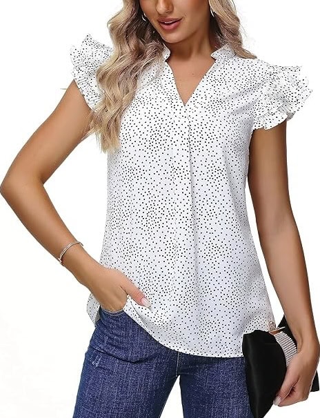 Sucolan Women's V Neck Ruffle Short Sleeve Blouse
