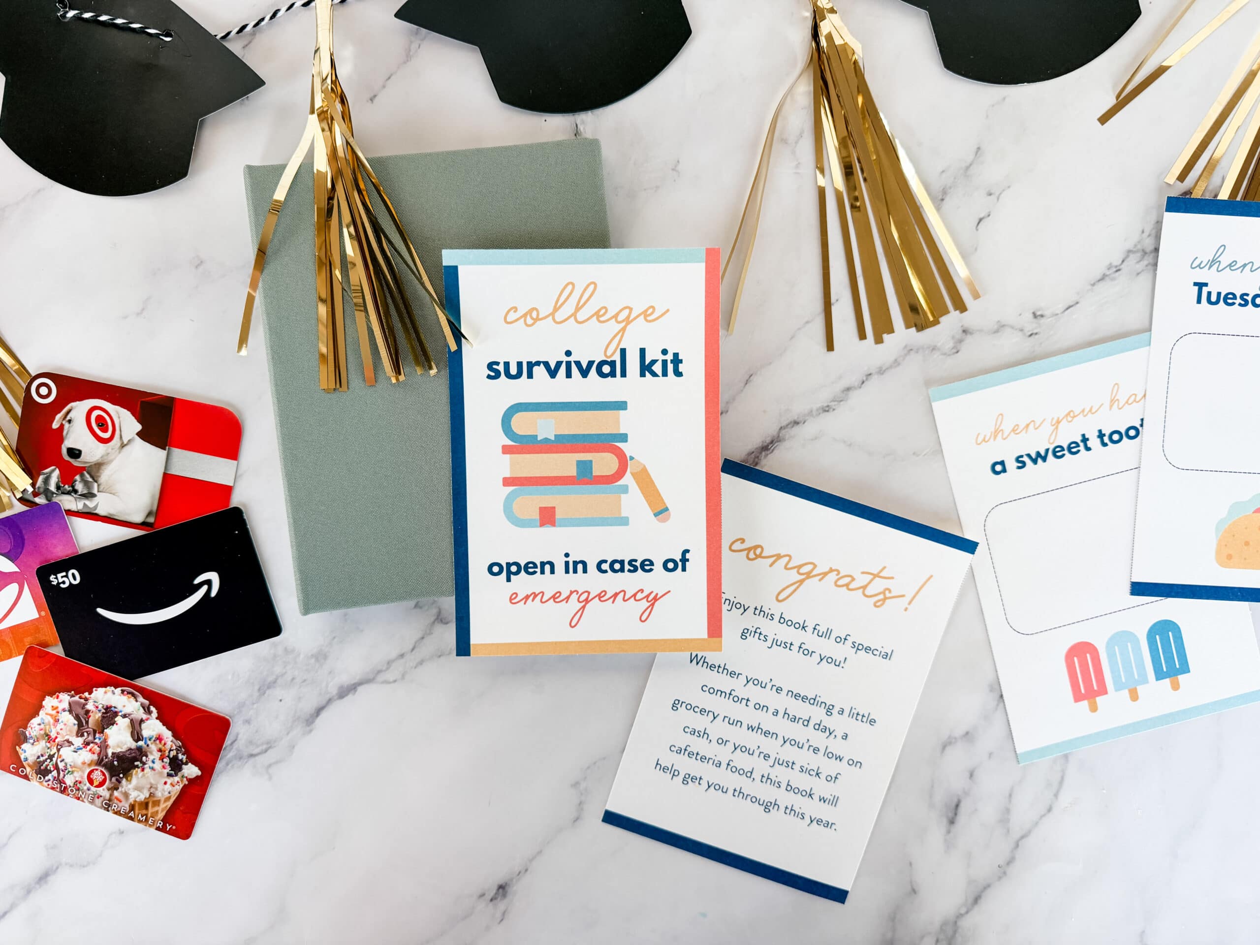 college gift card book on countertop with graduation decorations