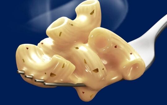 kraft deluxe mac and cheese on fork white cheddar garlic and herbs