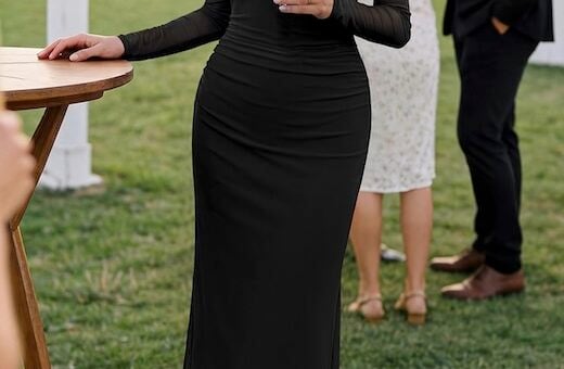 BTFBM Womens Long Sleeve Mesh Sheer Bodycon Midi Dress