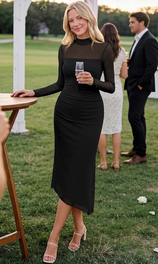 BTFBM Womens Long Sleeve Mesh Sheer Bodycon Midi Dress