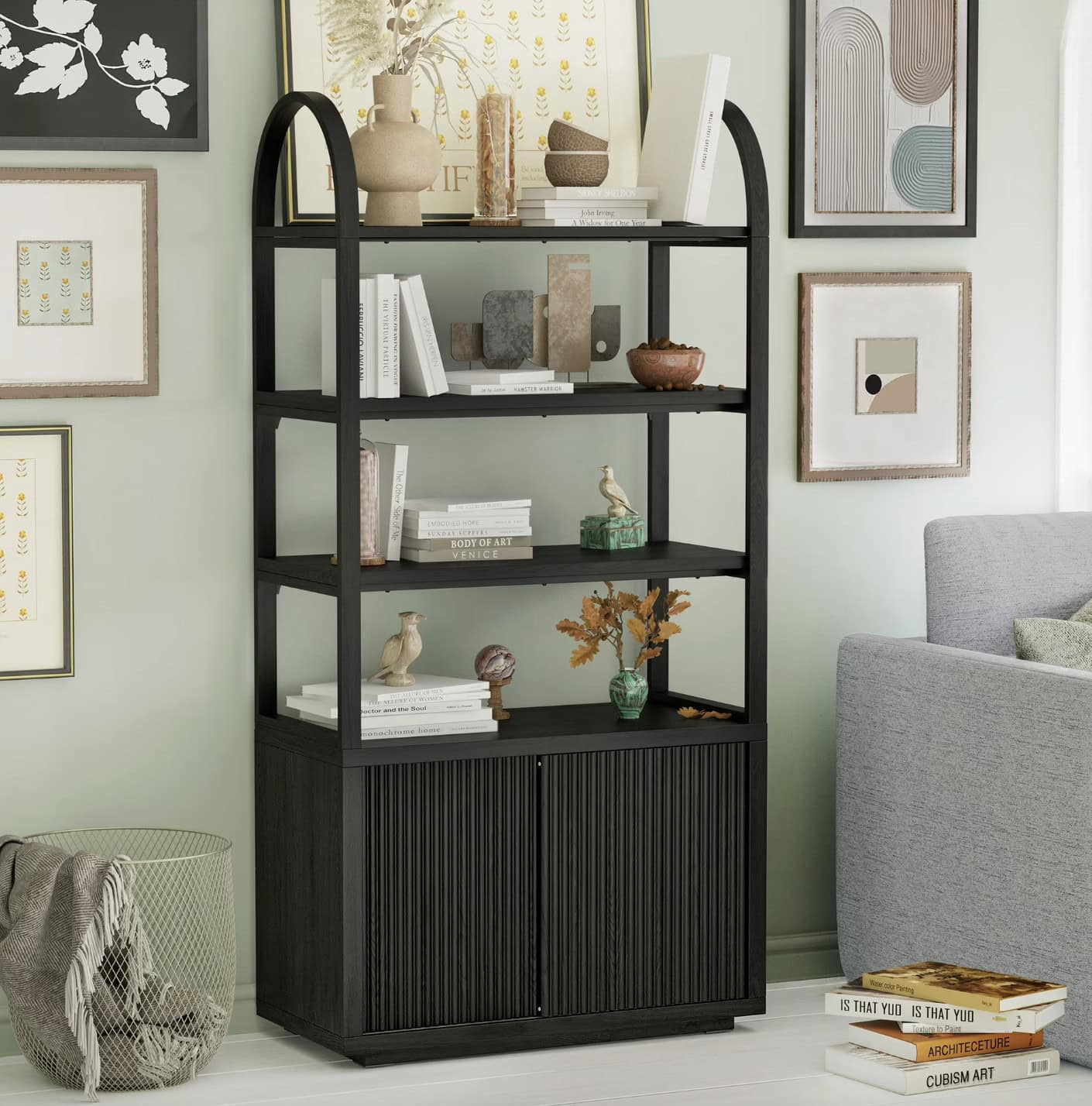 Beautiful Fluted 3 Shelf Bookcase with Storage Cabinet by Drew Barrymore, Rich Black Finish