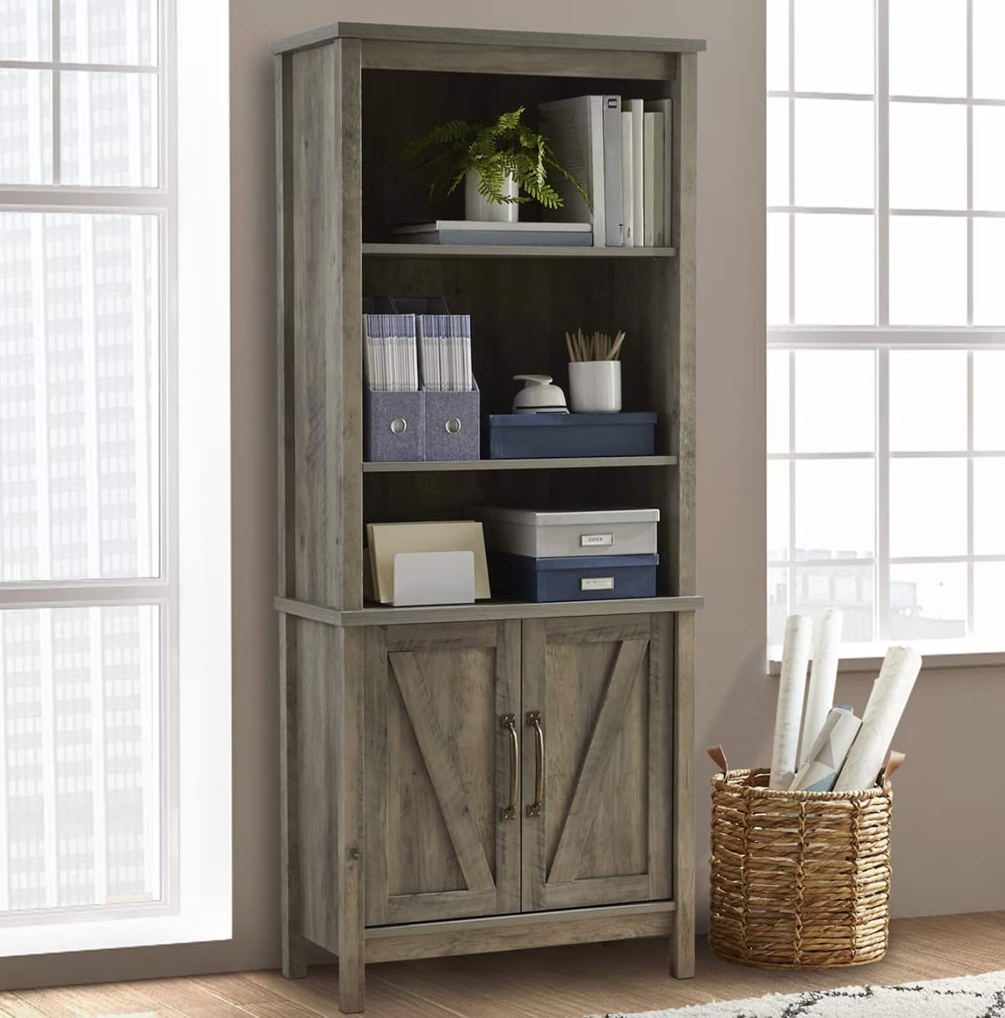 Better Homes & Gardens Modern Farmhouse Bookcase with Doors, Gray Finish