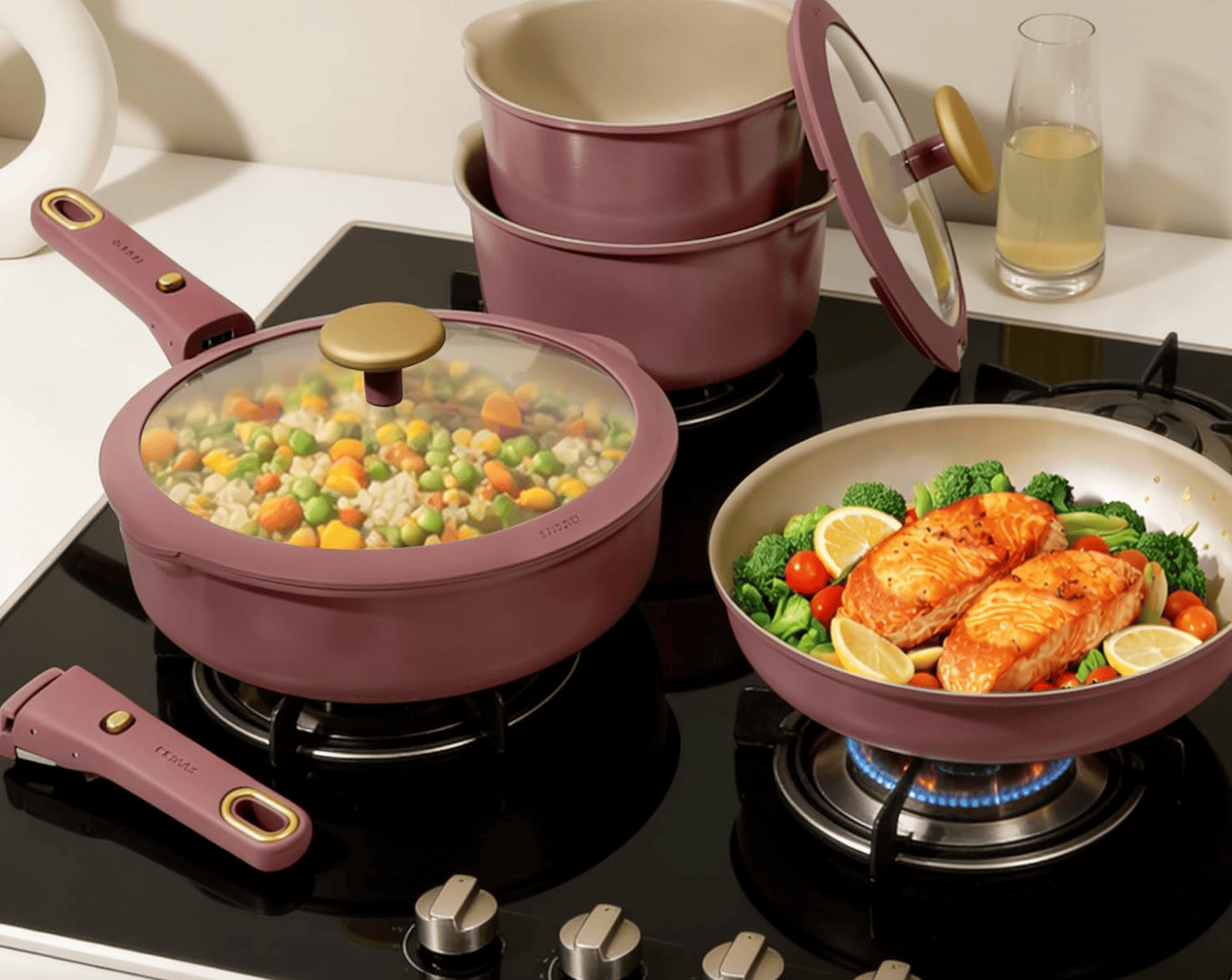 CAROTE 19 Pcs Pots and Pans Set, Nonstick Cookware Sets with Detachable Handle, Titanium Reinforced, Oven Safe, Cookware Non Stick Cooking Set w:Frying Pans & Saucepans Red(PFOS, PFOA Free)
