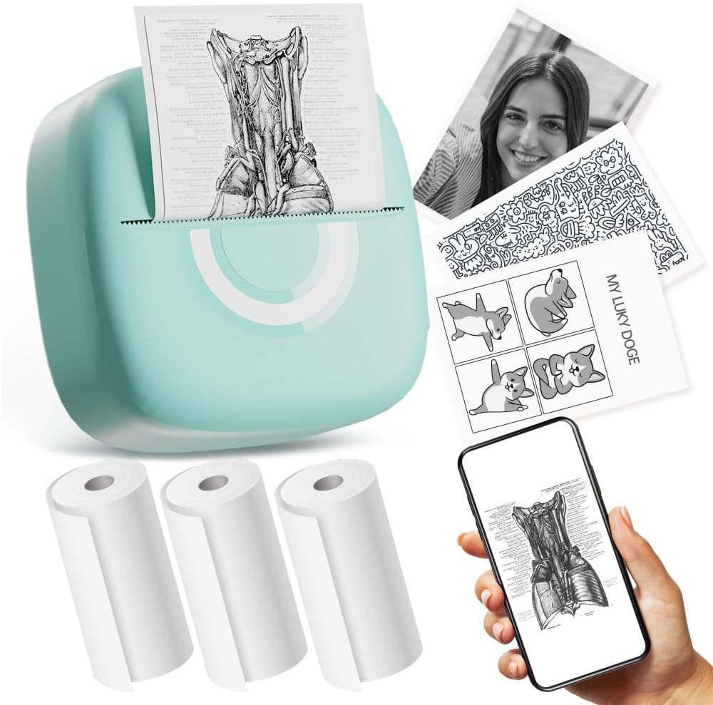 Cabaro Mini Printer Sticker Thermal Printer with 3 Rolls Paper, Bluetooth Portable Phone Print Pods,Study Sticker Maker for Pictures, Photos, Journals, DIY,...