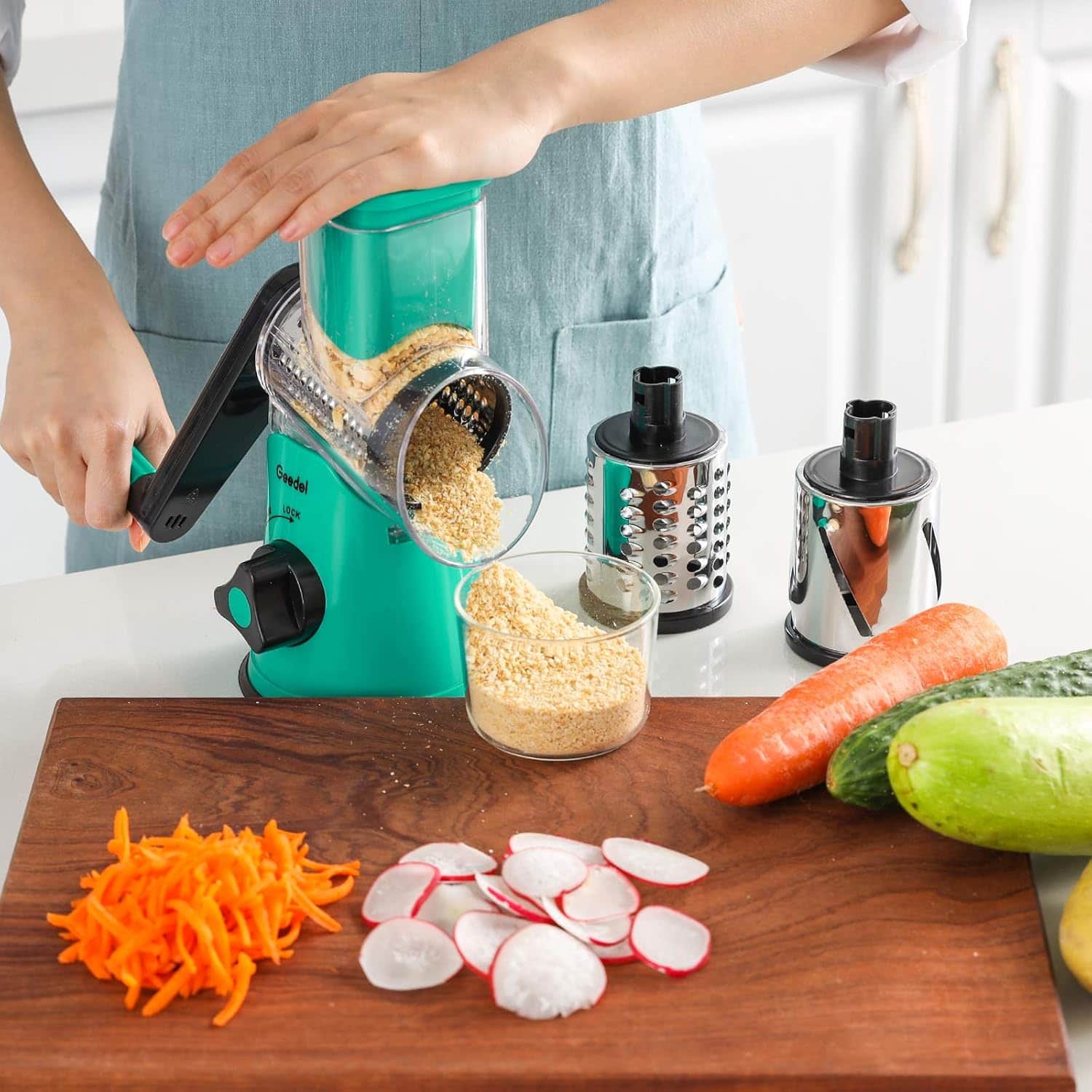 Geedel Rotary Cheese Grater Hand Crank, Cheese Shredder for Cheese, Vegetable, Nuts, Three Blades, Non slip Suction Base, Dark Green