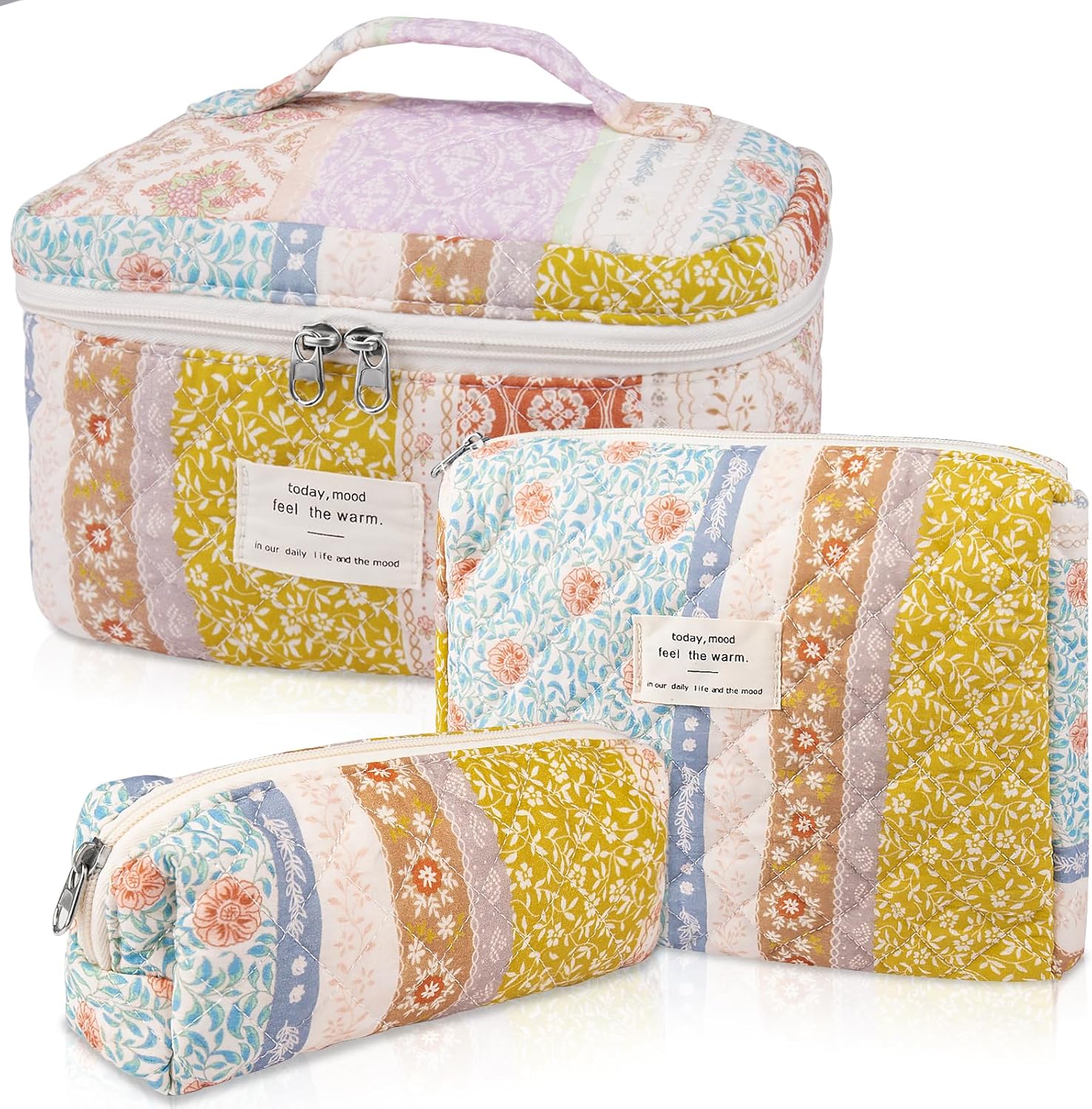 Gosect Quilted Makeup Bag Set, Large Floral Cosmetic Bag for Women, Cute Cotton Makeup Bag, Flower Travel Toiletry Organizer Bag(Color Coded Floral 2