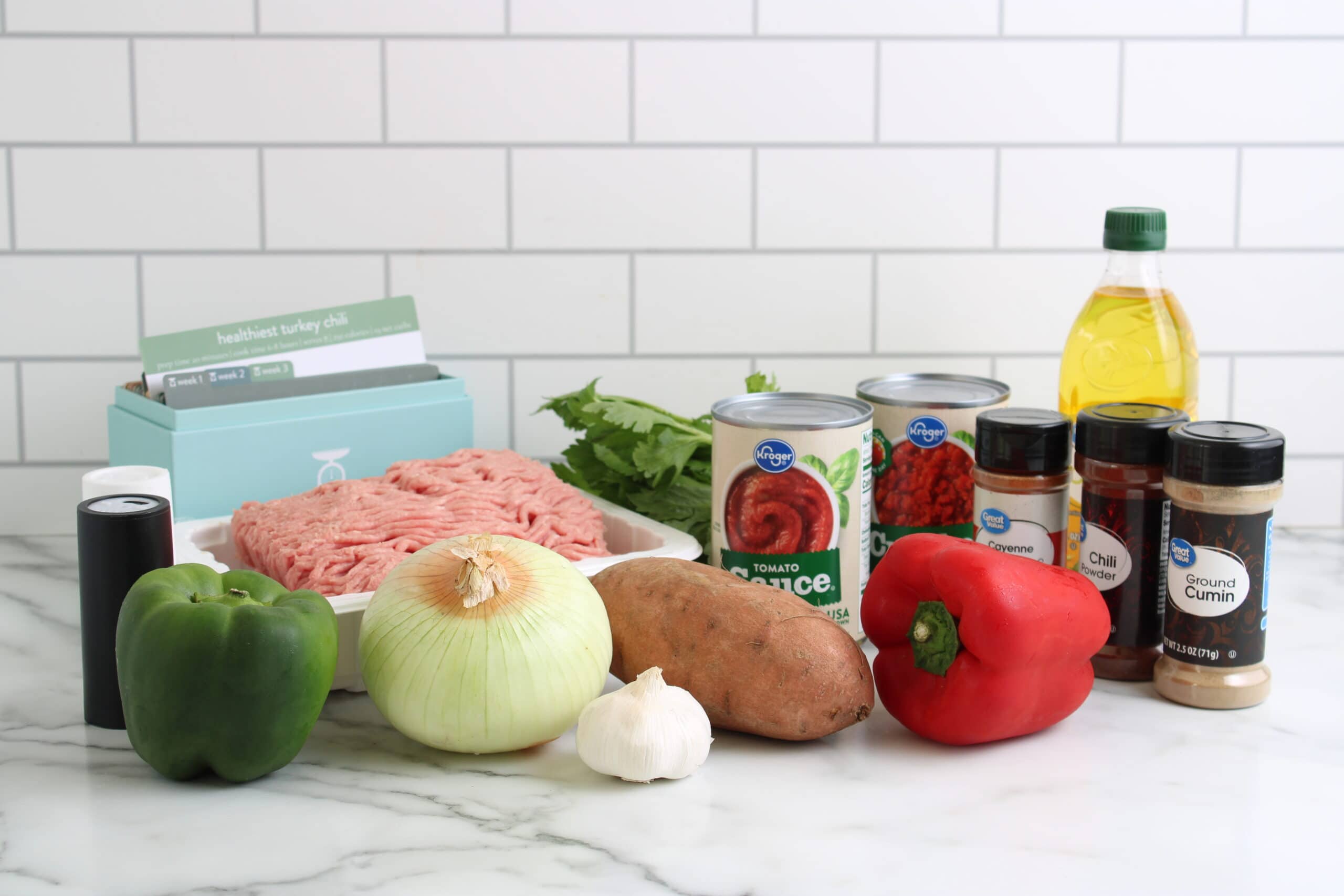 Healthiest Turkey Chili Ingredients on counter top Healthiest Turkey Chili Ingredients on counter top