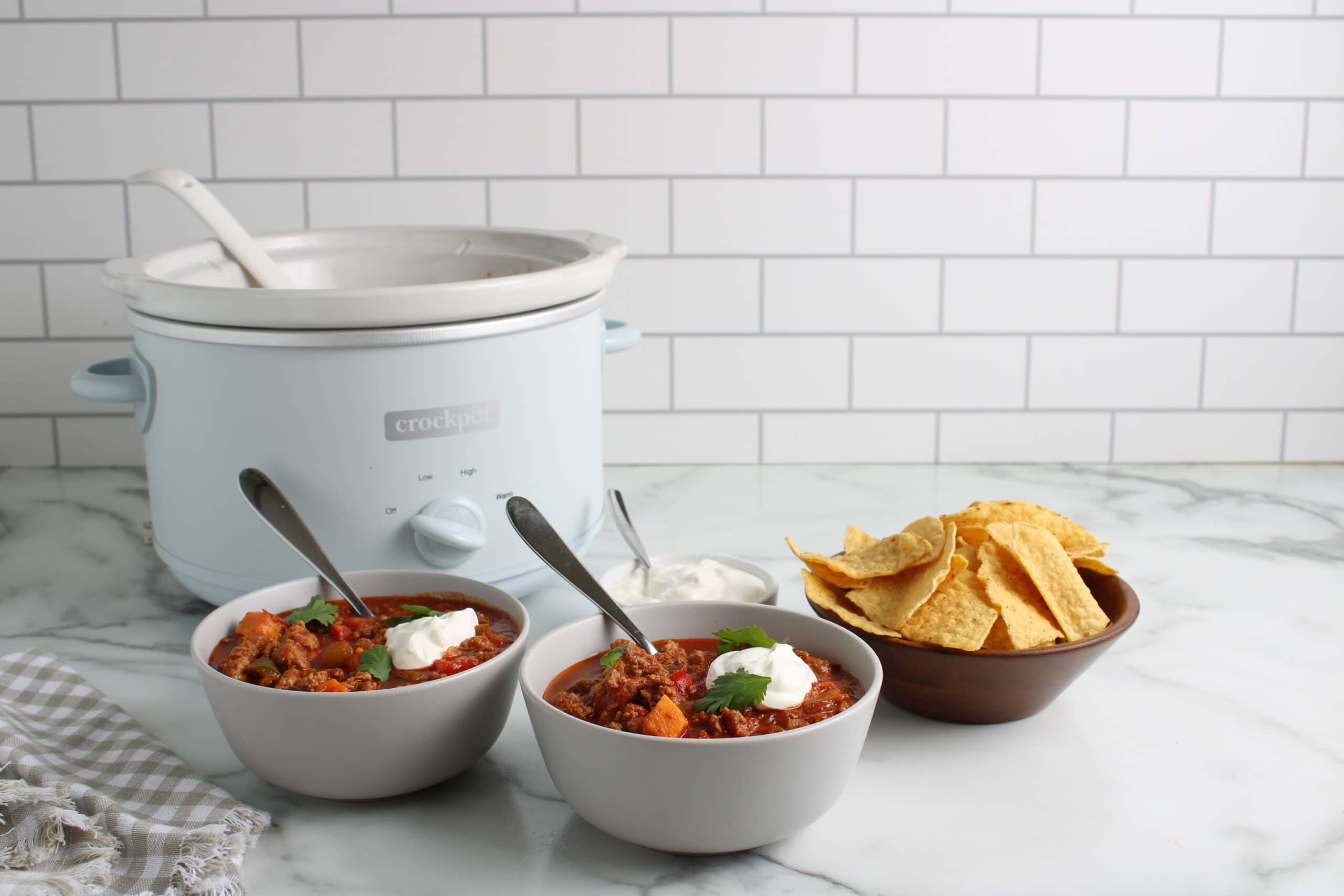 Healthiest Turkey Chili in bowls with chips