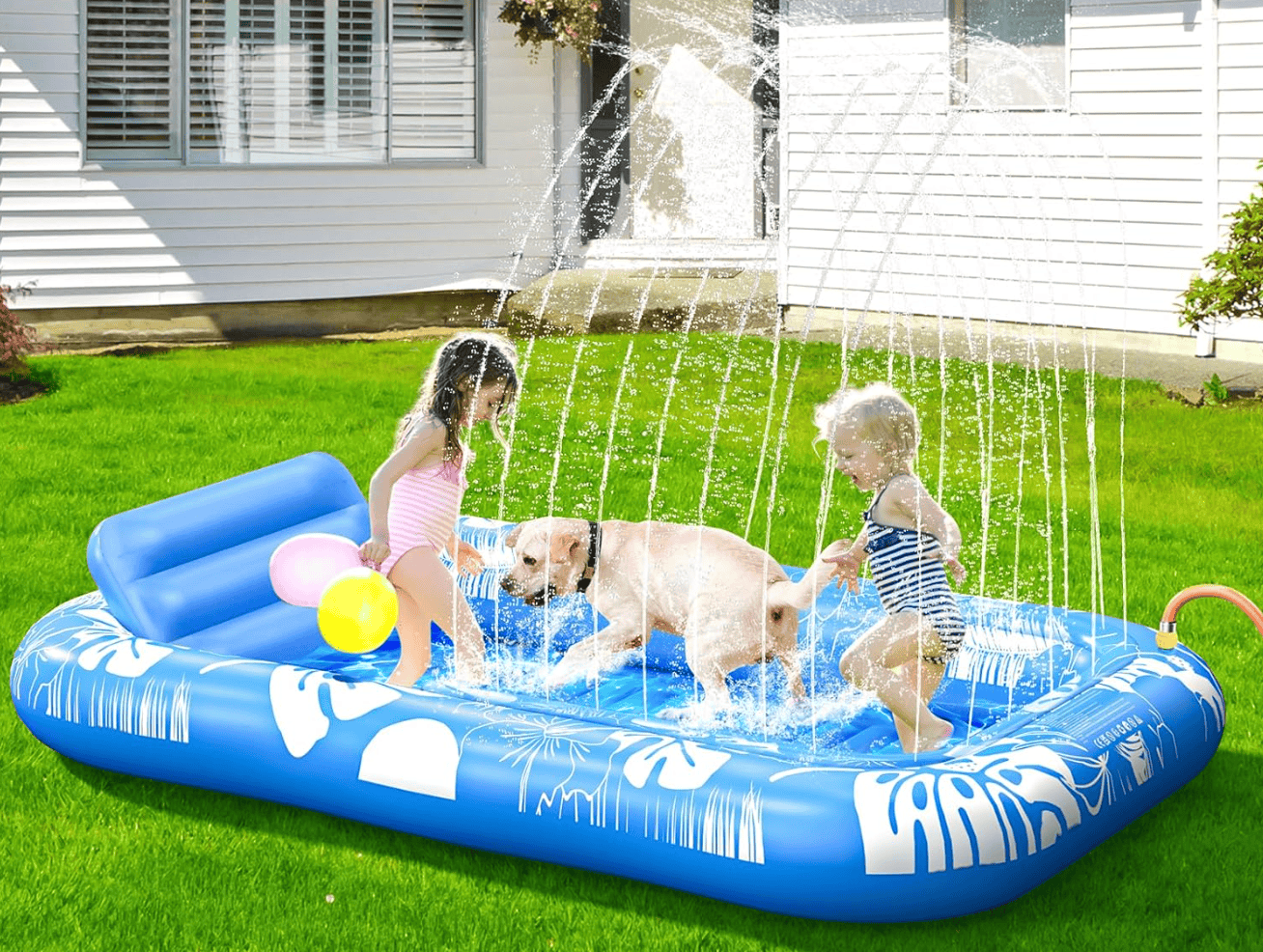 Inflatable Tanning Pool Lounger Float with Sprinkler, 77 x 48 Pool Floats Adult with Pillow, 6 in 1 Suntan Tub Raft Floatie with Drink Holder Sunbathing Water Lounge