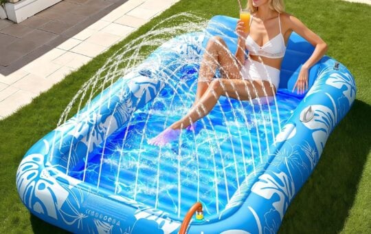 Inflatable Tanning Pool Lounger Float with Sprinkler, 77 x 48 Pool Floats Adult with Pillow, 6 in 1 Suntan Tub Raft Floatie with Drink Holder Sunbathing Water Lounge