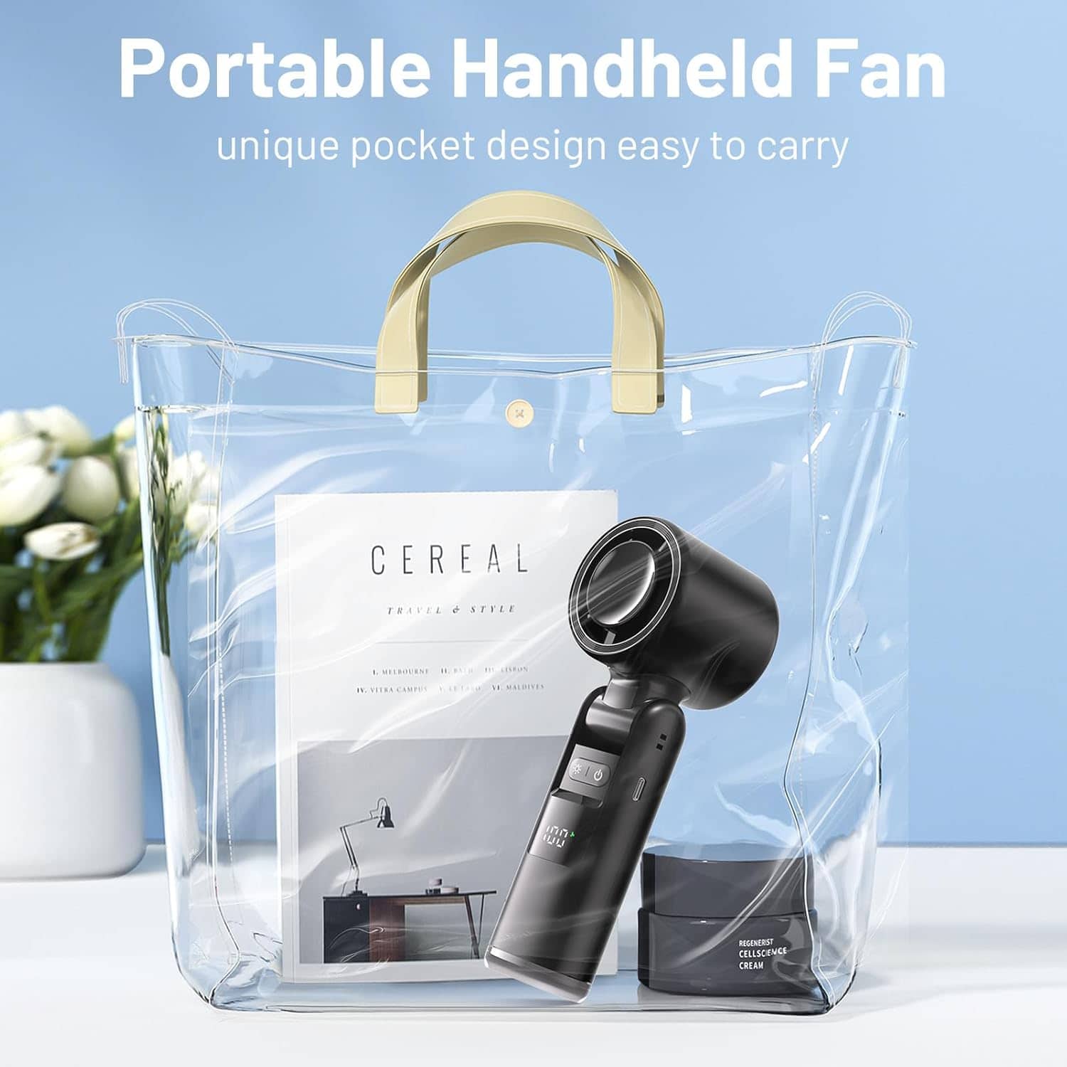 Lerat Portable Handheld Turbo Fan, 5 High Speed Wind, Battery Operated, Up to 12H Runtime, 3 IN 1 Hand Fan with LED Display & Flashlight, Personal Cooling Fan for Travel, Outdoor, Beach Essentials 2