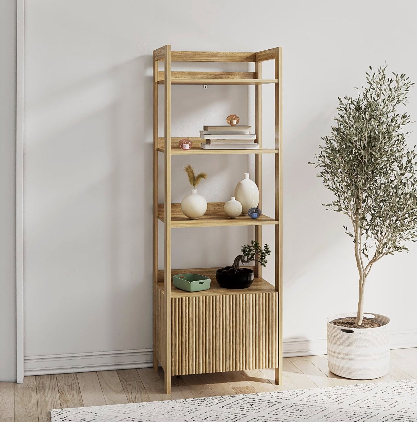Mainstays 4 Shelf Reeded Bookcase with Drawer, Natural Teak