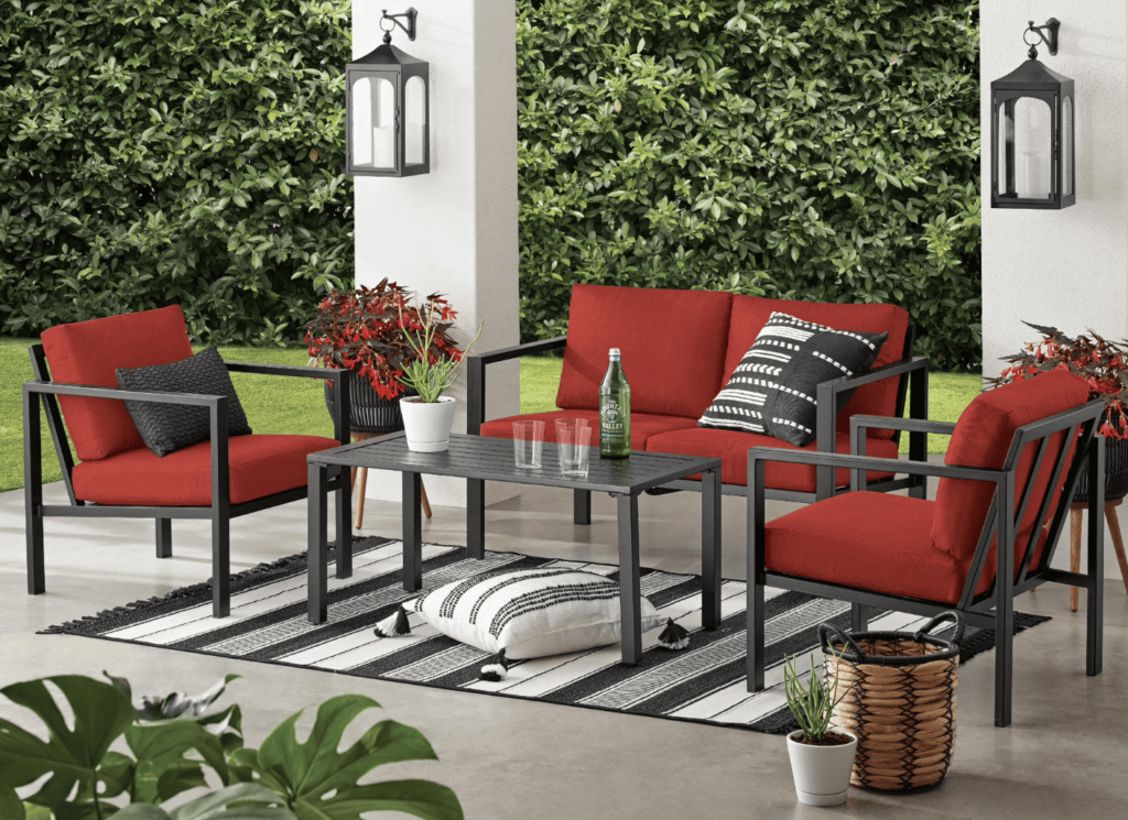 Mainstays Dashwood 4 Piece Outdoor Patio Conversation Set, Seats 4, Red