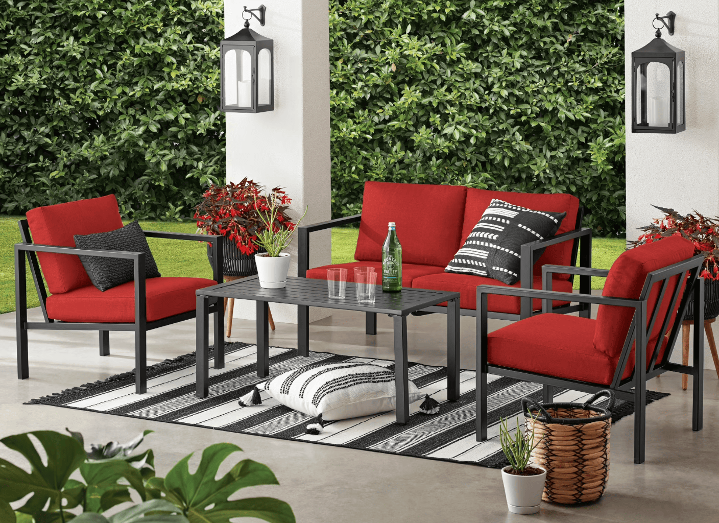 Mainstays Dashwood 4 Piece Outdoor Patio Conversation Set, Seats 4, Red