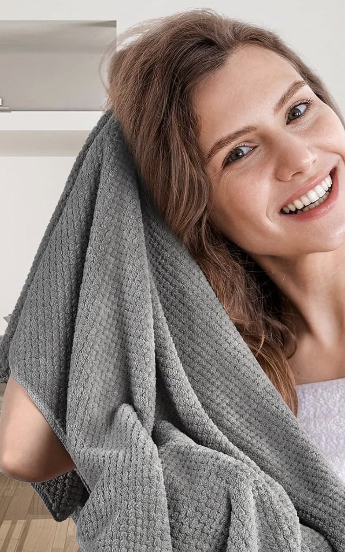 Umisleep Extra Large Microfiber Hair Towel for Women Long, Curly, Thick Hair, Super Soft Anti Frizz Quick Dry Hair Towel Wrap, Ultra Absorbent Hair Turban with Elastic Band Grey