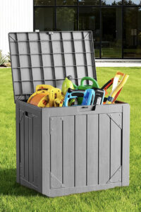 30 Gallon Outdoor Storage Box, Waterproof Resin Deck Box Organizer for Patio Cushion Storage, Lockable Outside Container for Garden Tools