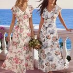 ANRABESS Women V Neck Ruffle Sleeve Floral Pleated Maxi Dress