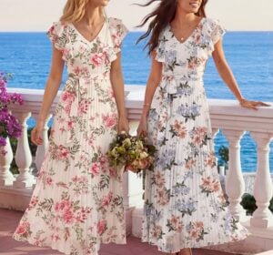 ANRABESS Women V Neck Ruffle Sleeve Floral Pleated Maxi Dress