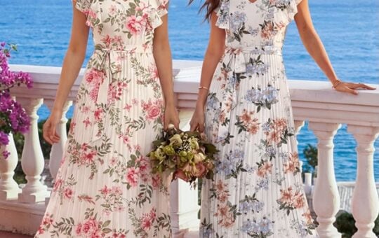 ANRABESS Women V Neck Ruffle Sleeve Floral Pleated Maxi Dress
