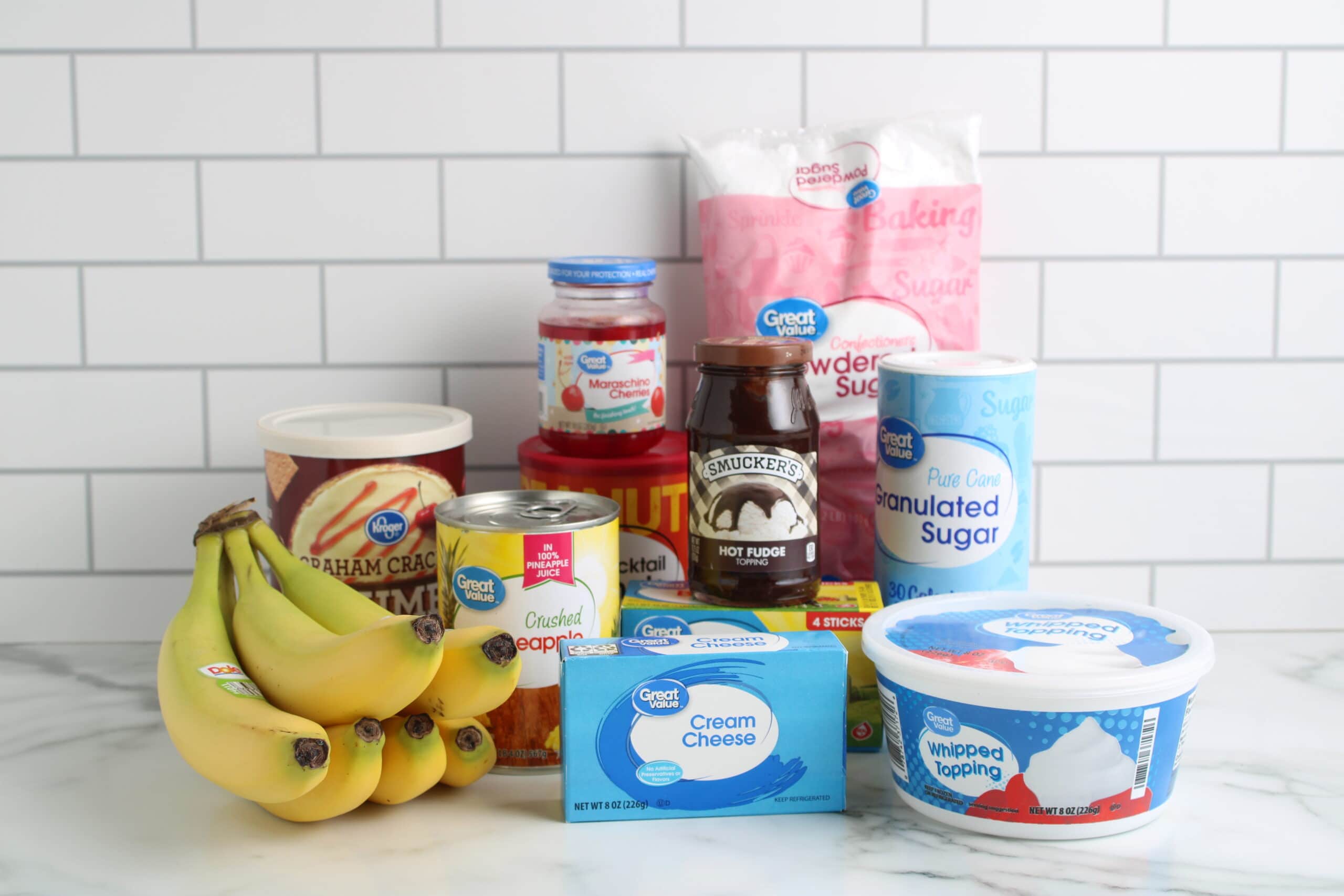 Banana Split Cake Ingredients on countertop