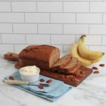 Cake Mix Banana Bread on platter sliced