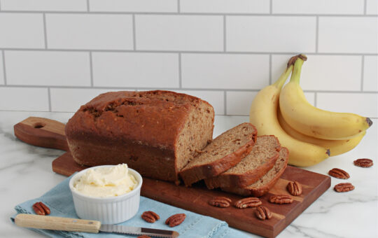 Cake Mix Banana Bread on platter sliced