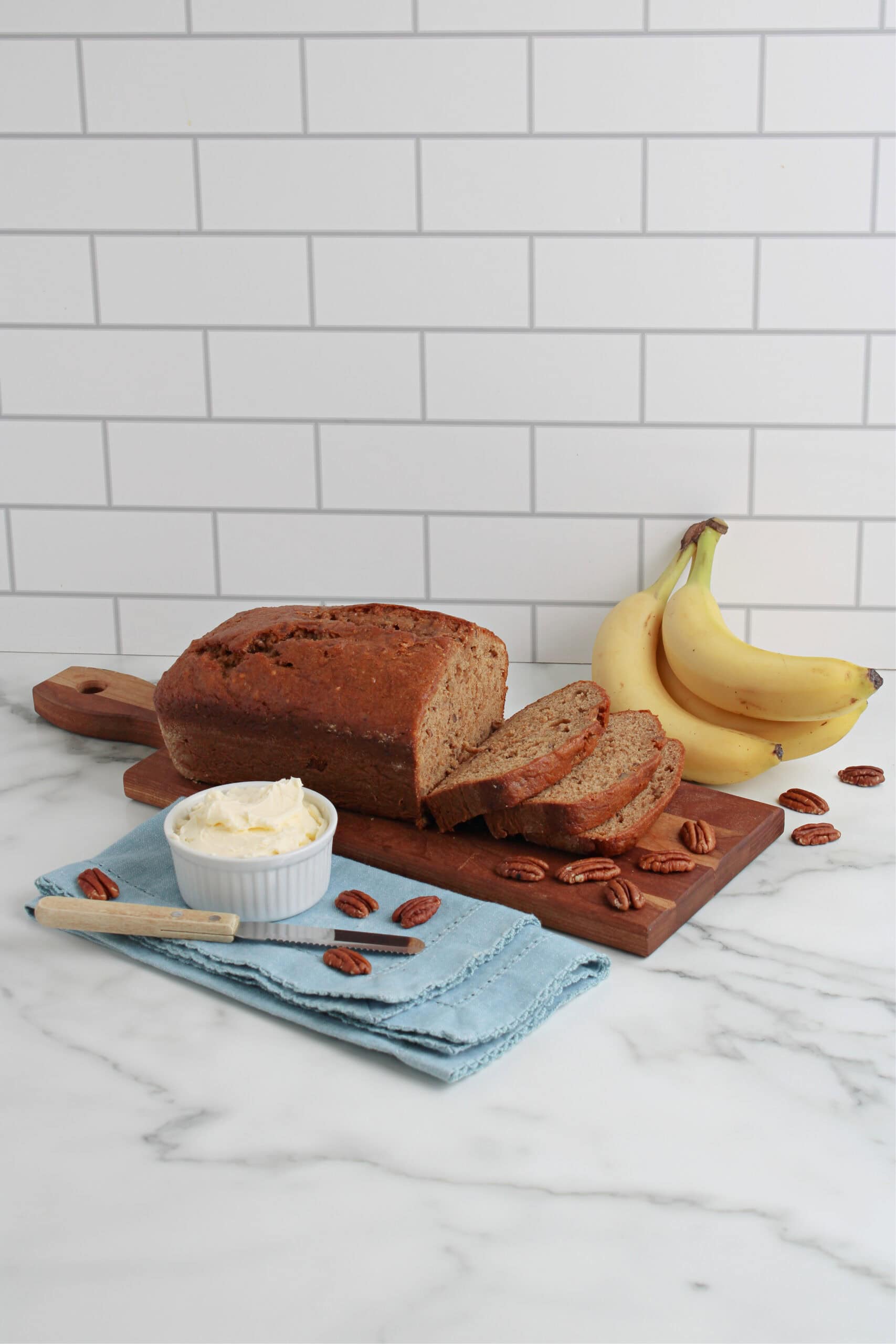 Cake Mix Banana Bread on platter sliced Cake Mix Banana Bread on platter sliced