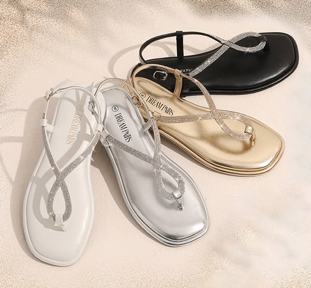 DREAM PAIRS Women's Flat Sandals Dressy Rhinestone Thong Ankle Strap Summer Gladiator Sandals