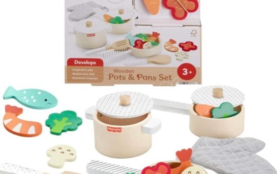 Fisher Price Wood Kitchen Pretend Play Toy Pots & Pans Set