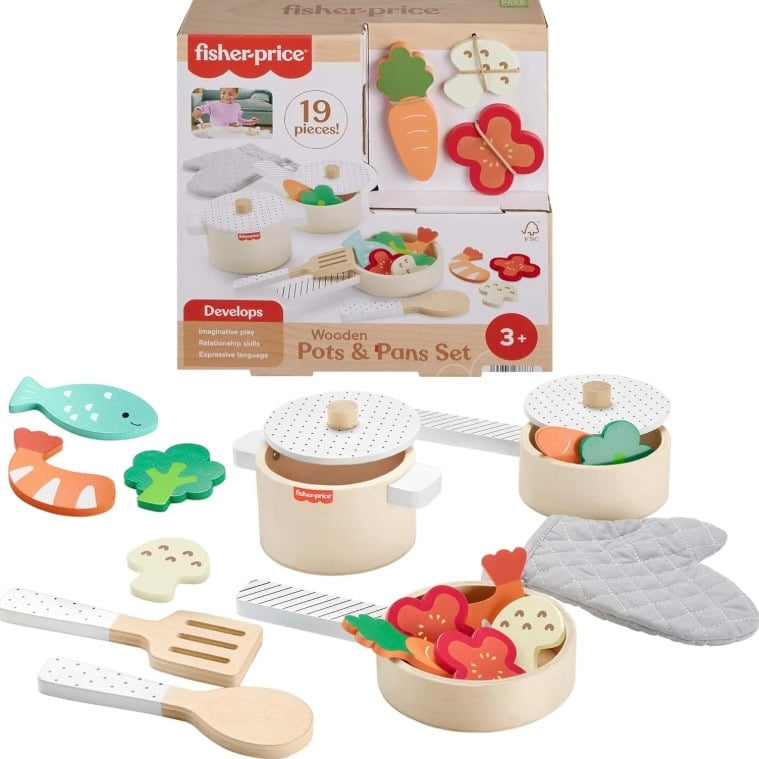 Fisher Price Wood Kitchen Pretend Play Toy Pots & Pans Set