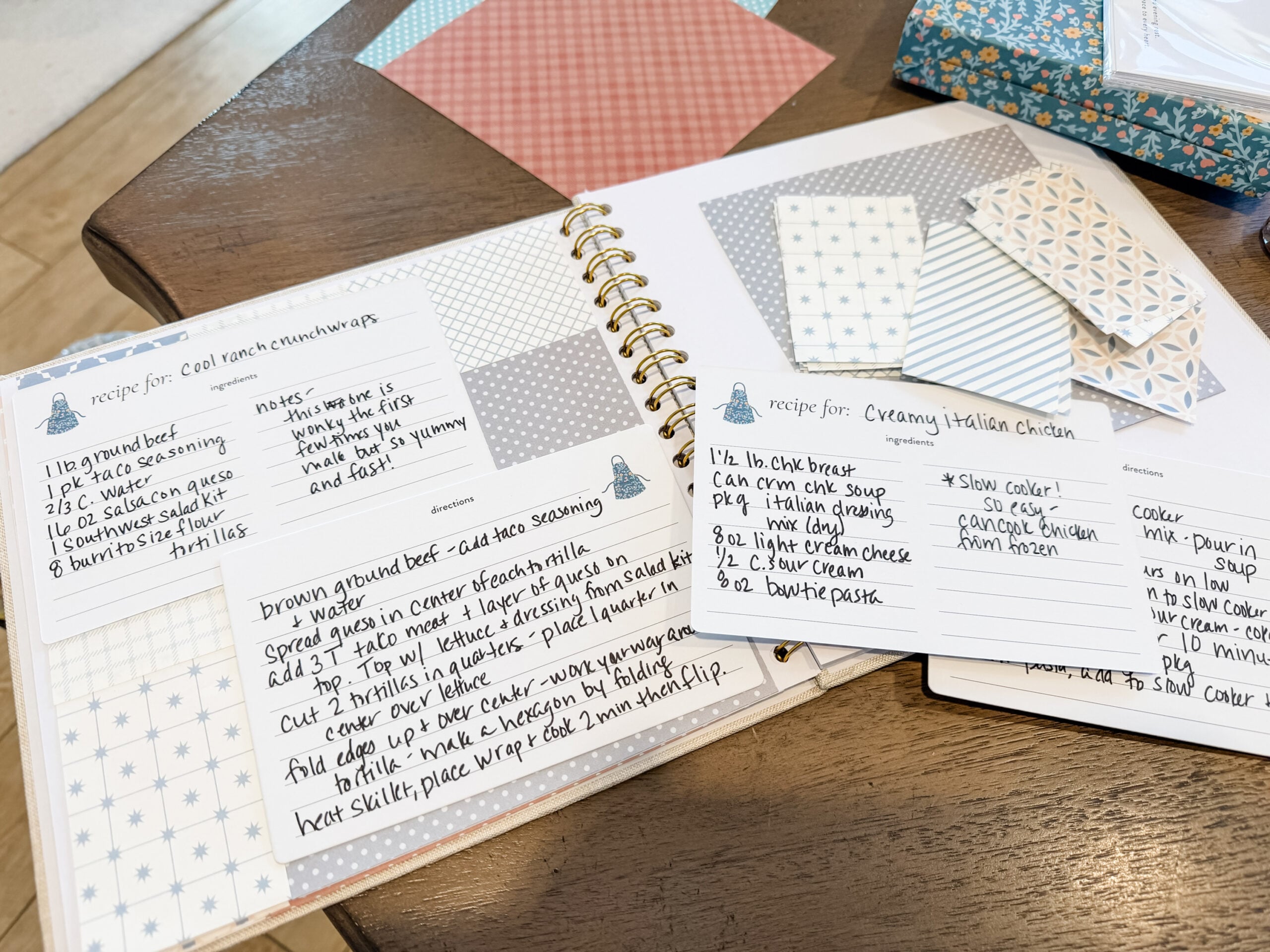 blank recipe cards in scrapbook