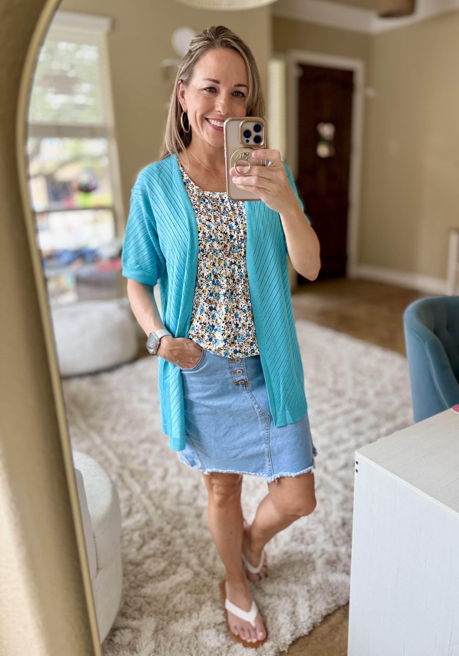 teal cardigan