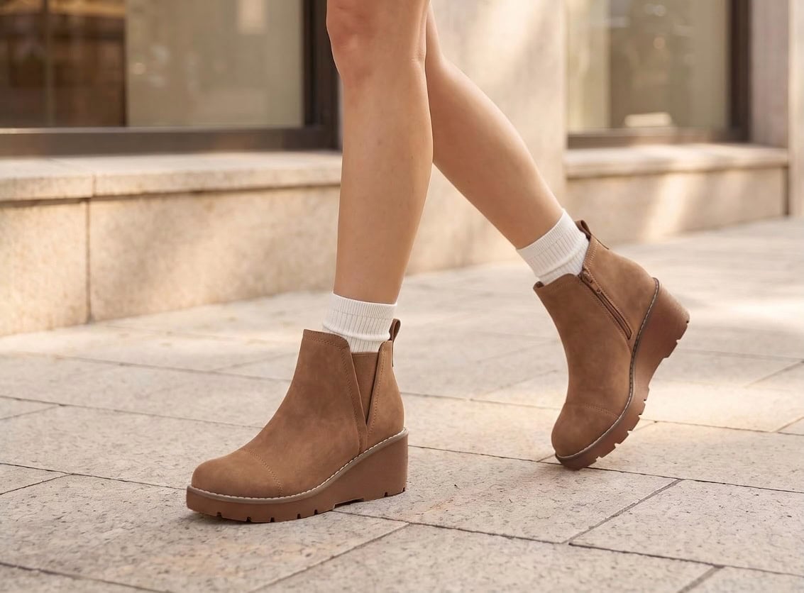 Athlefit Women's Low Heel Platform Wedge Ankle Boots