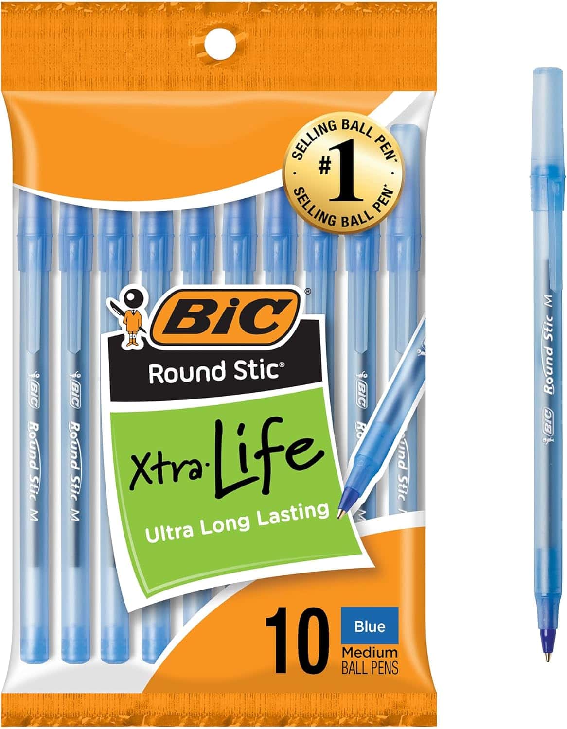 BIC Round Stic Xtra Life Blue Ballpoint Pens, 10 Count Pack, 1.0mm | Medium Point (1.0mm) for Smooth Writing | Flexible Round Barrel Design | No. 1 Selling Ballpoint Pens