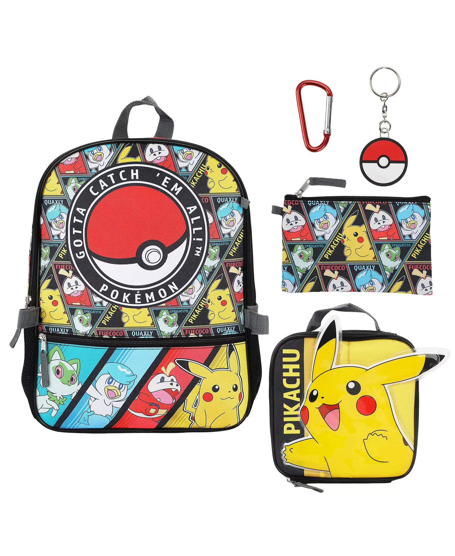 Boys' and Girls' Backpack, Lunch Bag, Pencil Case, Key Chain and Caraniber, 5 Piece Set pokemon