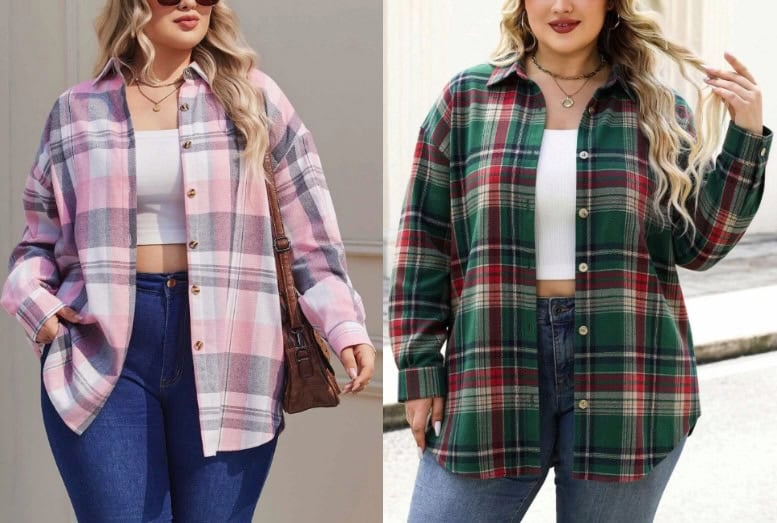 IN'VOLAND Women Plus Size Plaid Flannel Shirts IN'VOLAND Women Plus Size Plaid Flannel Shirts
