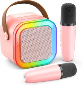 Karaoke Machine for Kids Adults, Portable Bluetooth Mini Karaoke Microphone Singing Speaker with 2 Mic and Light,Toys for All Smartphones,Birthday, Family,Home Party (Pink)