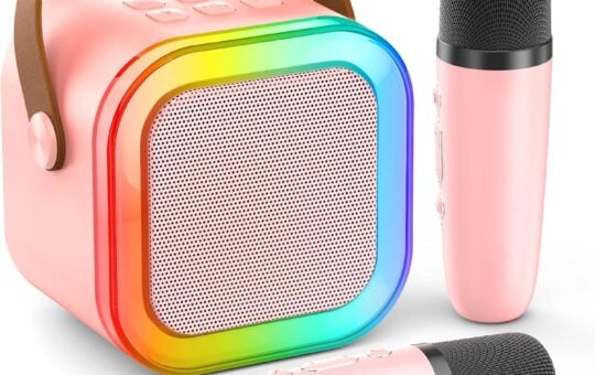 Karaoke Machine for Kids Adults, Portable Bluetooth Mini Karaoke Microphone Singing Speaker with 2 Mic and Light,Toys for All Smartphones,Birthday, Family,Home Party (Pink)