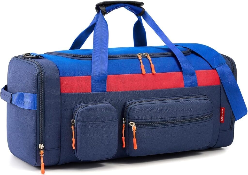 WOOMADA Kids Travel Bag with Shoe & Wet Pockets, Carry On Duffle Bag for Overnight Trips, Sports, School(red:blue)