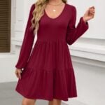 ANRABESS Womens Fall Long Sleeve V Neck Casual Short Dress