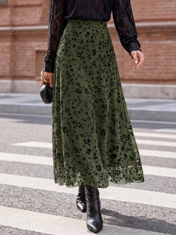BTFBM Womens Floral Mesh Maxi Skirt