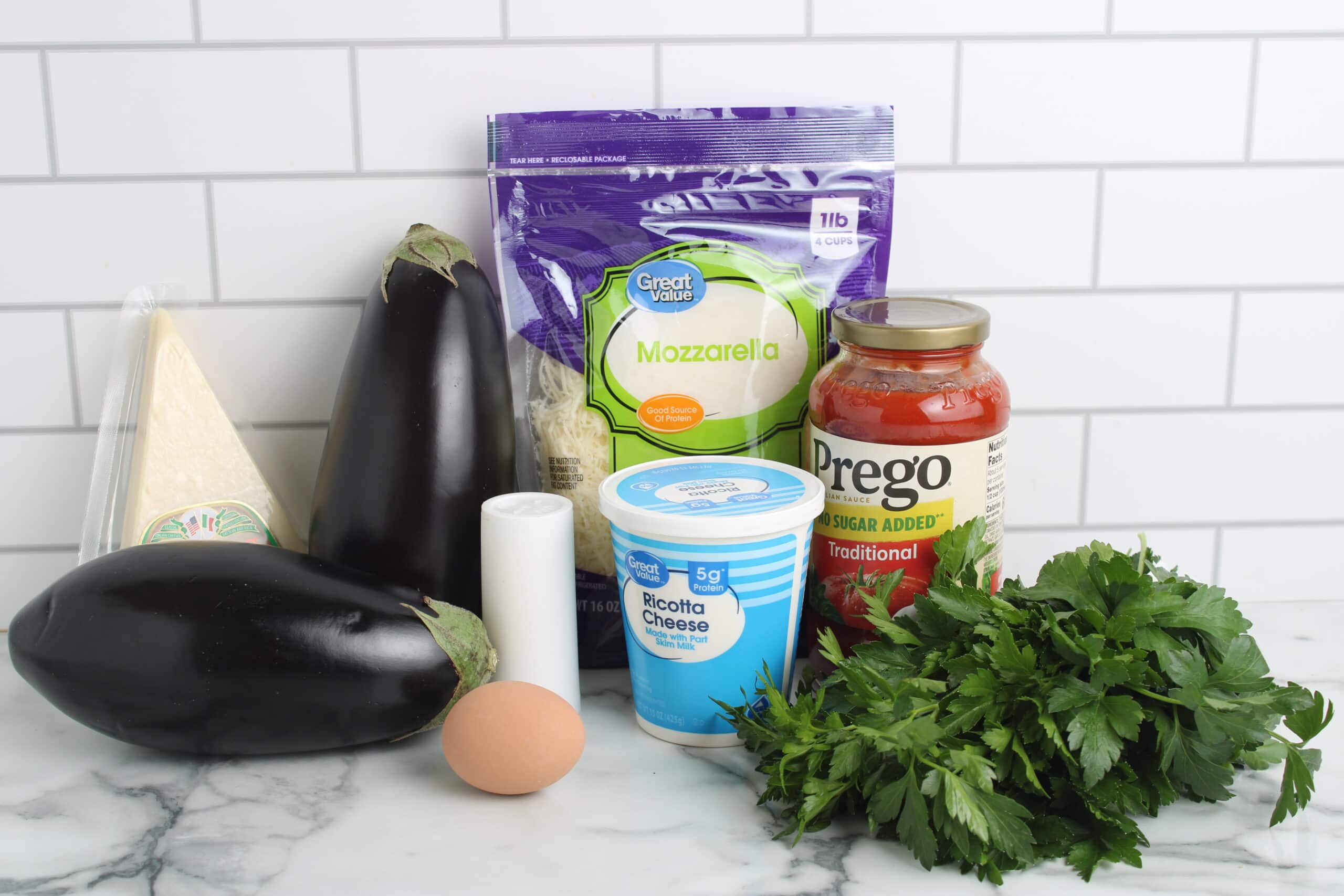 Lightened Up Eggplant Parmesan Ingredients on countertop
