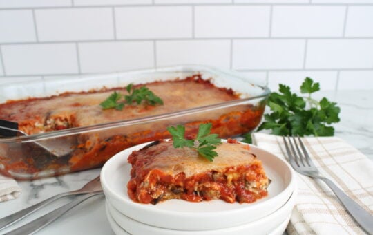 Lightened Up Eggplant Parmesan finished on plate