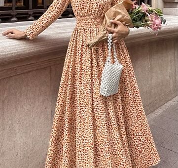 OFEEFAN Fall Boho Floral Long Sleeve Maxi Dress