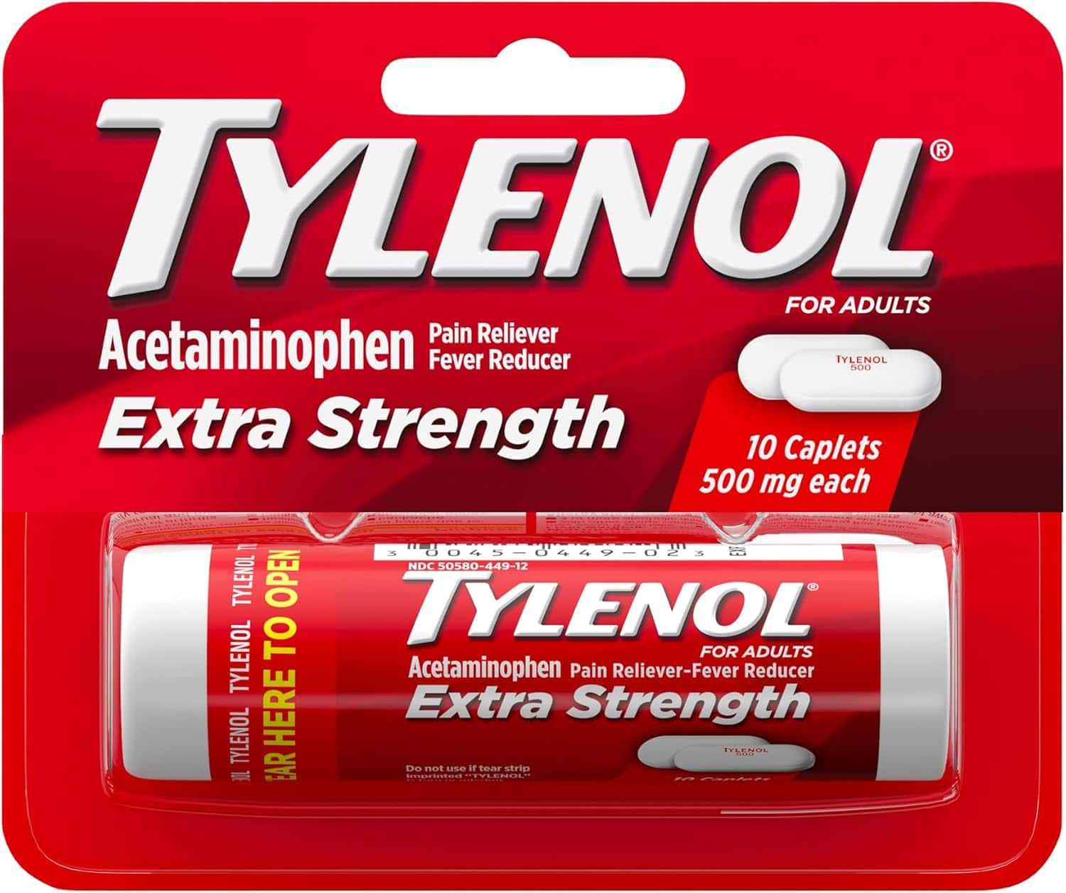 Tylenol Extra Strength Caplets, 500 mg Acetaminophen, Travel Size, 10 ct